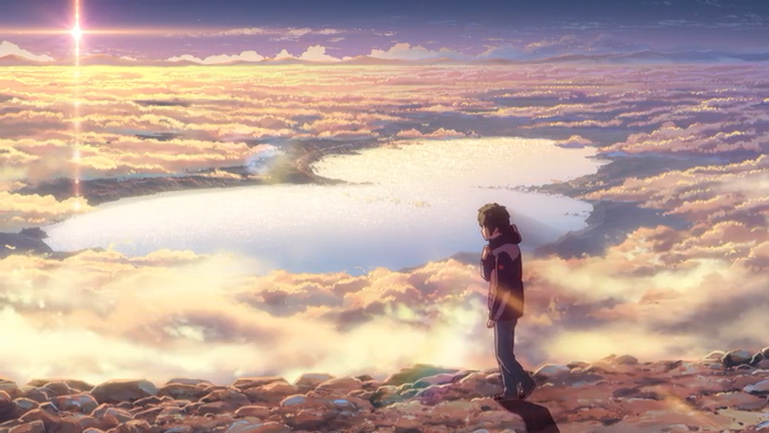 Movie still of twilight just before Taki meets Mitsuha in person for the first time