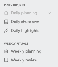 Sunsama rituals list screenshot.