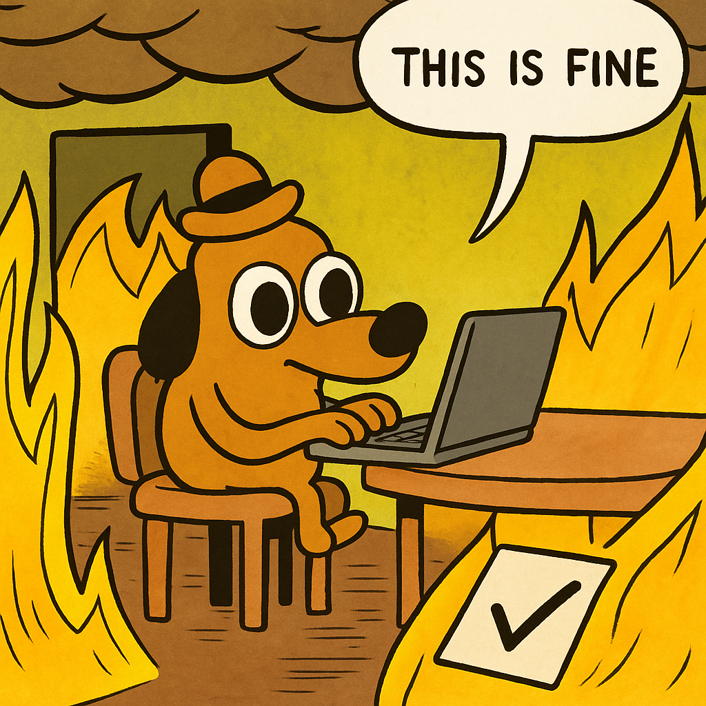 Illustration of me working on tangents with deadlines piling up. Dog in a burning room meme.